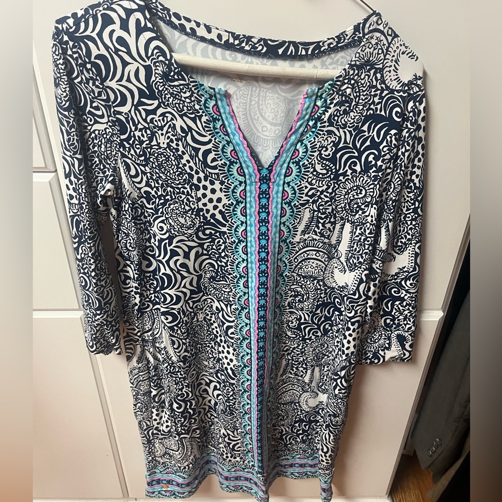 Lilly Pulitzer L Stretchy Casual Dress in Navy with pink